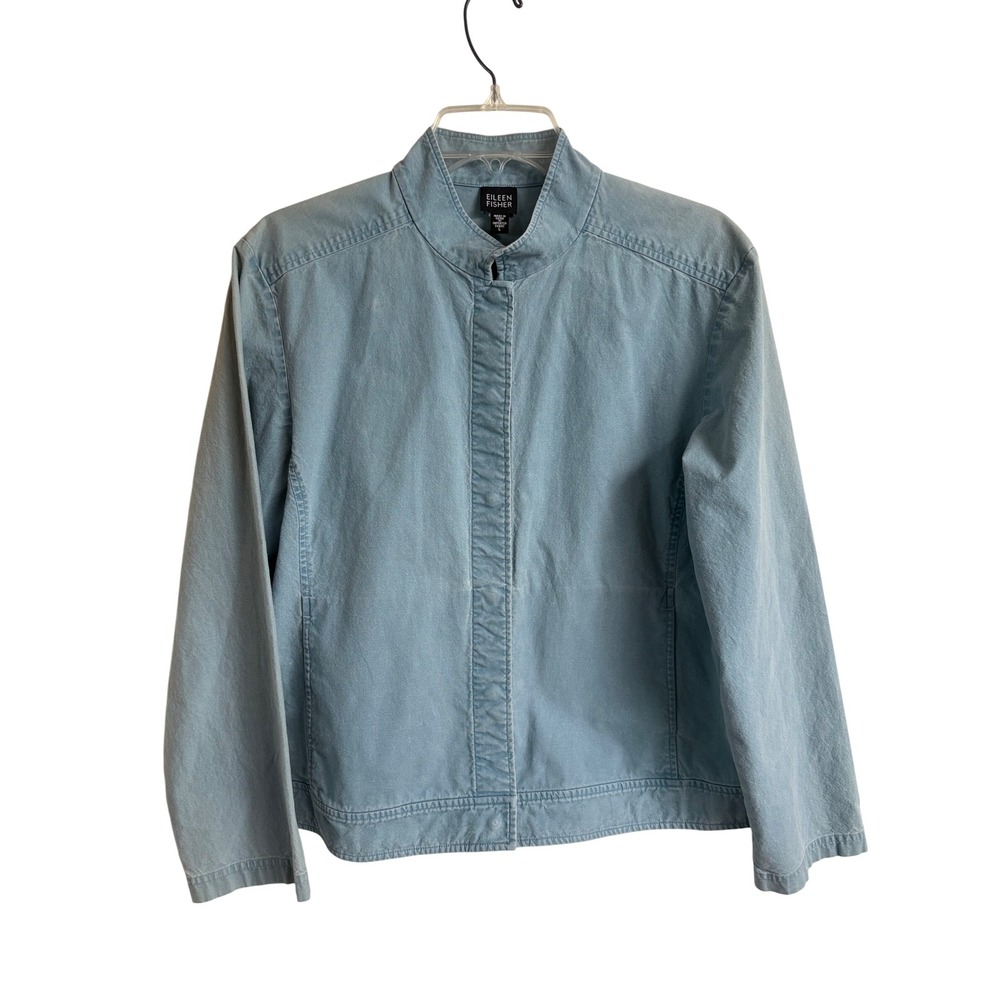 Eileen Fisher Womens Light Blue Denim-Look Mandarin Collar Snap Front Jacket L